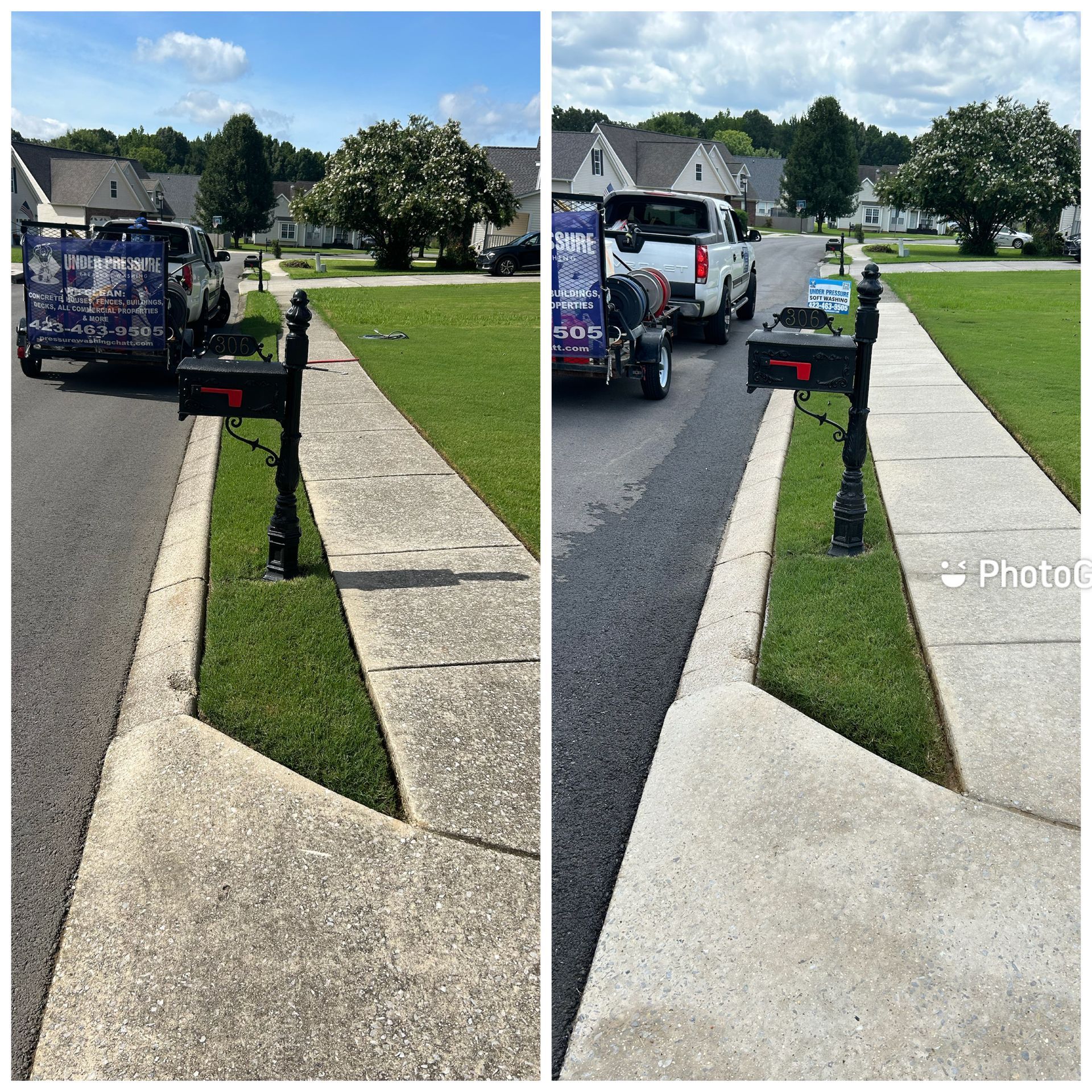 Before-and-after sidewalk repair with a black mailbox, curb, and utility truck on a suburban street.