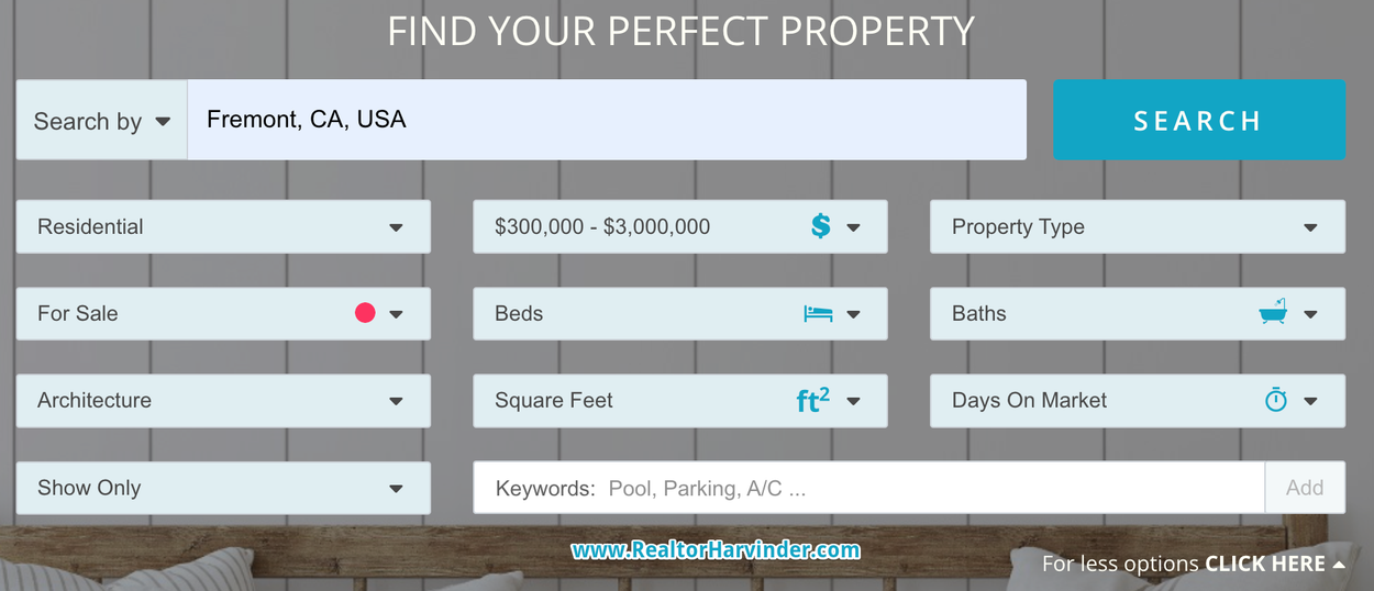 Find Your Perfect Property Real estate search form with filters for location, price, property type, and more.