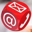 Red cube with contact icons: email, phone, and at sign.