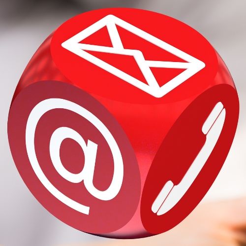 Red cube with contact icons: email, phone, and at sign.