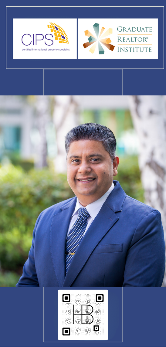 Man in a blue suit smiling outdoors, logos at top, QR code at the bottom.