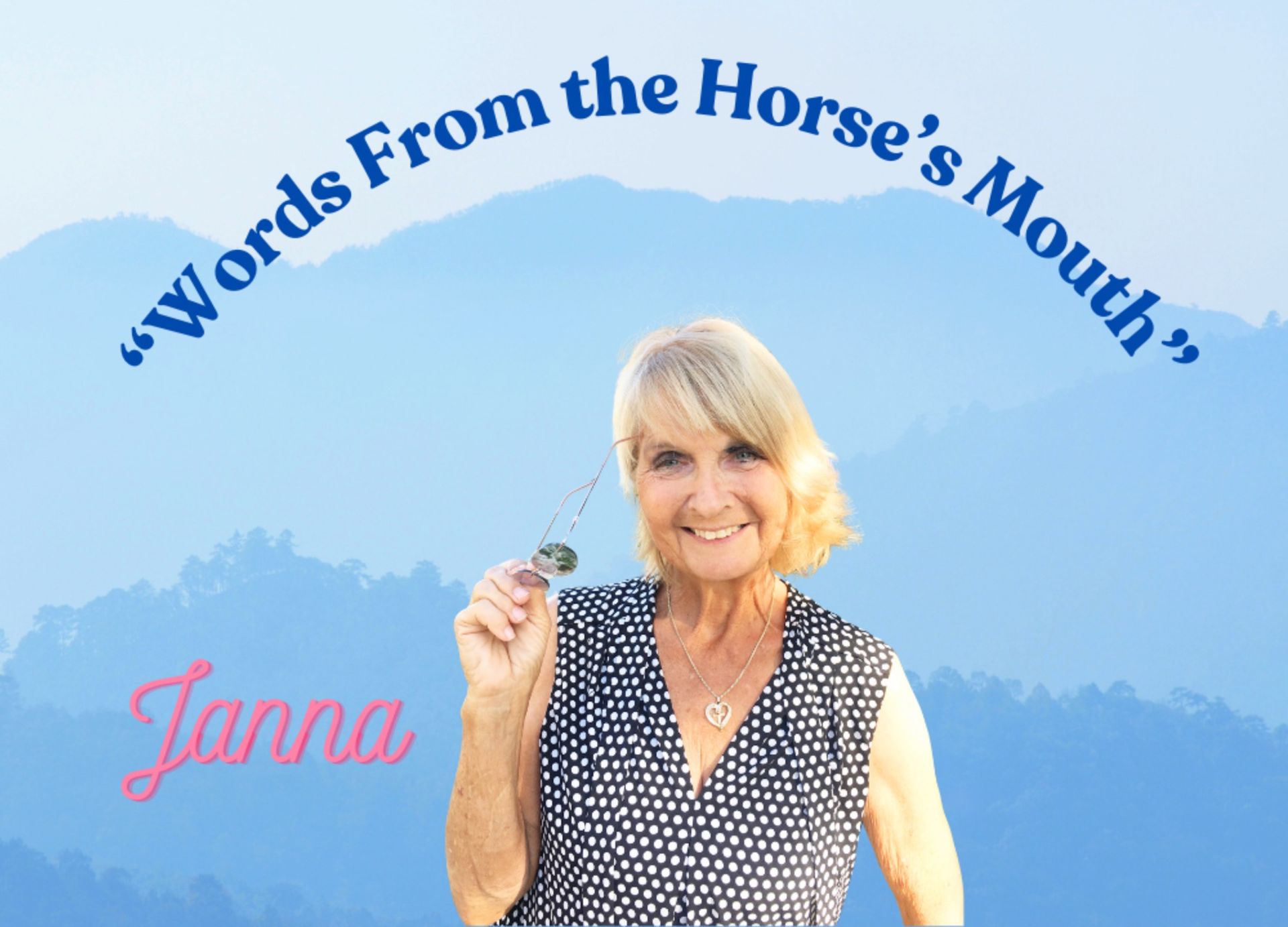 A woman is holding a spoon in front of a blue background that says words from the horse 's mouth.