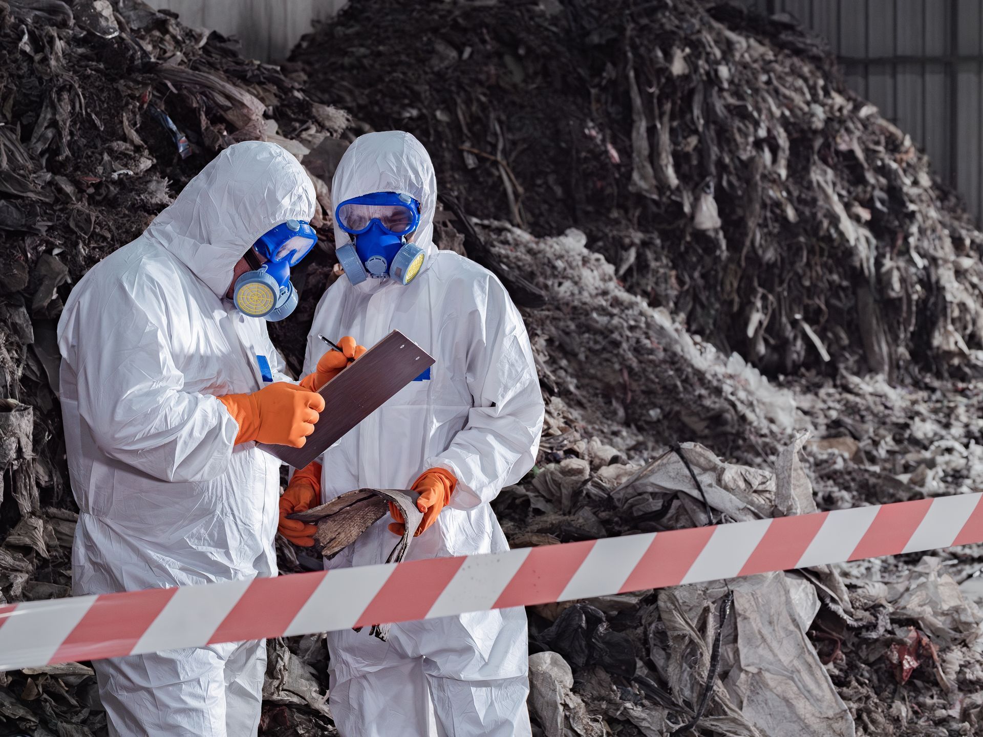 Two people in hazmat suits near a pile of debris, writing on a clipboard behind a caution tape barrier.