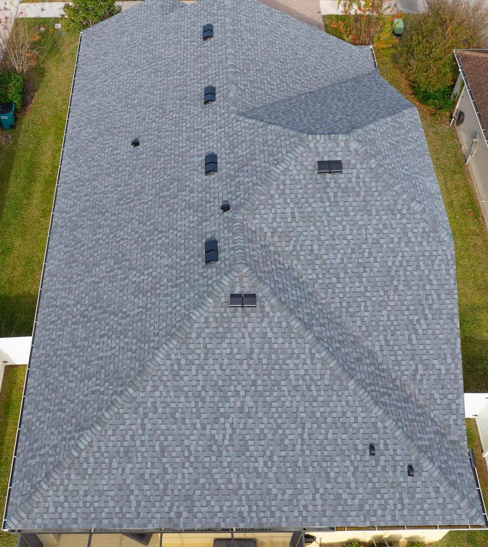 Drone view of roof with CertainTeed Landmark Pewter Shingles.