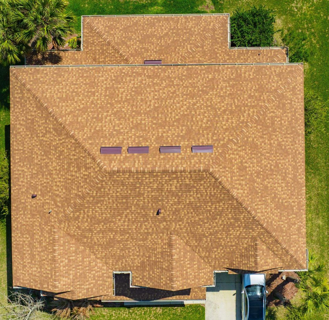 Drone view of roof with Certainteed Landmark Resawn Shake Shingles.