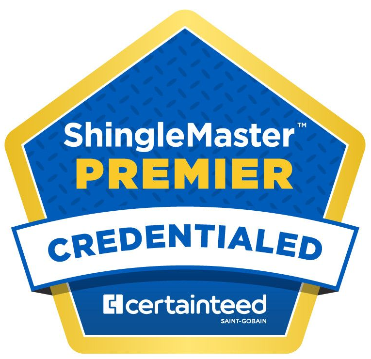ShingleMaster Premier Credentialed badge by CertainTeed in blue and gold.