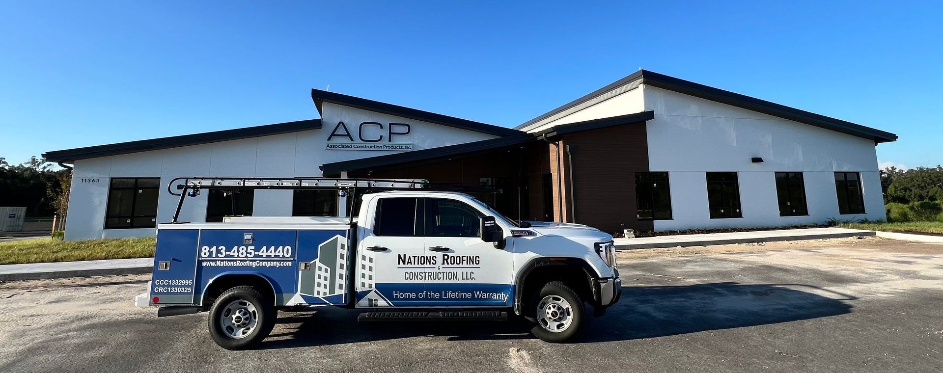 ACP Office Building with new commercial standing seam metal roof, soffit, and fascia installed by Nations Roofing & Construction in San Antonio, FL.