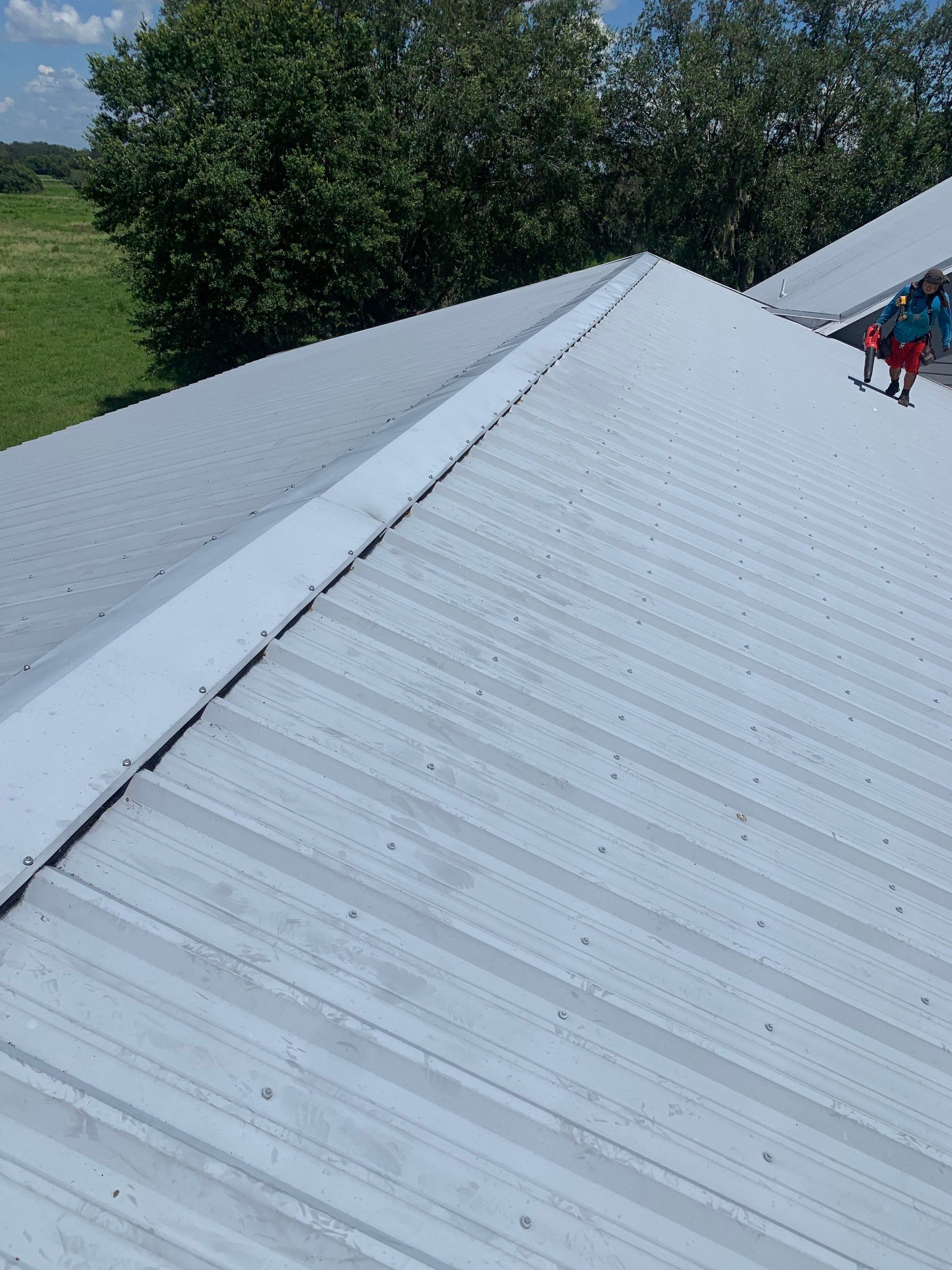 Completed metal roof leak repair at a property in Dade City, Florida. The localized problem was repaired without unnecessarily replacing the entire roof.