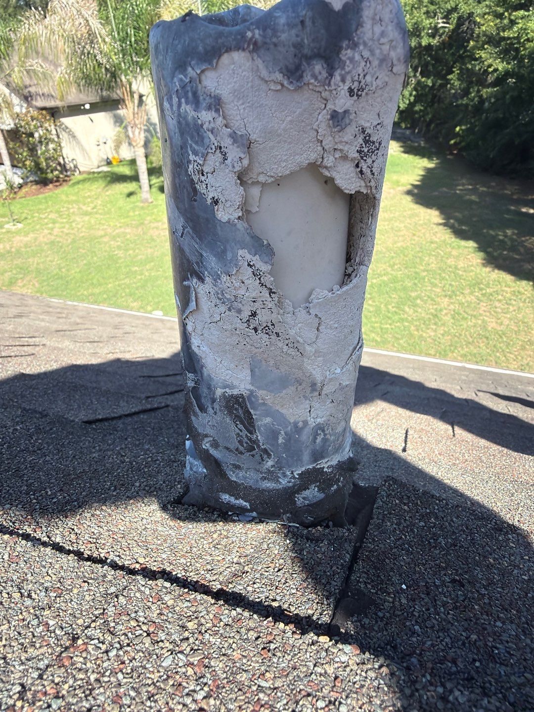 Damaged pipe boot discovered during a roof inspection in Wesley Chapel, Florida. Deterioration around roof penetrations can allow water into an otherwise serviceable roofing system.