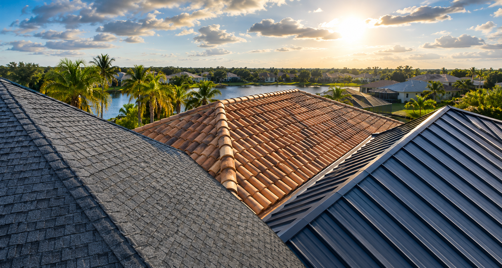 Asphalt shingle, tile and metal roofs on Florida homes in Pasco County