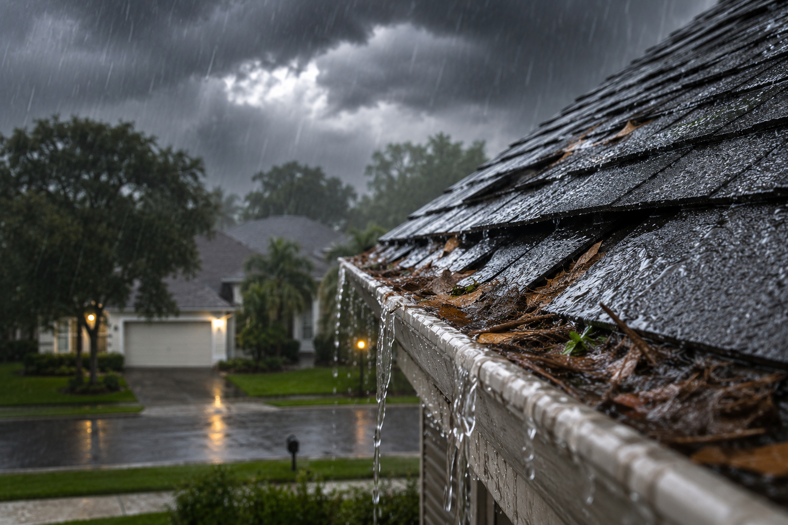 Clogged gutter and damaged roof shingles during heavy August rain in Pasco County, Florida