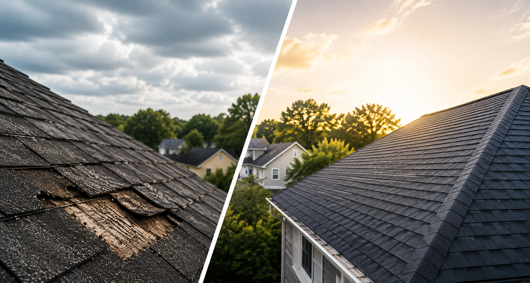 Damaged shingle roof compared with new roof replacement in Pasco County Florida