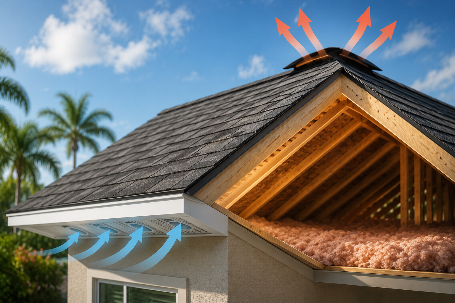 Roof ventilation system in a Florida home showing soffit intake and ridge exhaust airflow