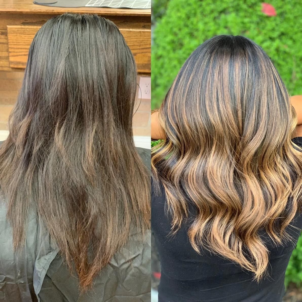 Before and after hair transformation: dark brown to highlighted with golden brown balayage.