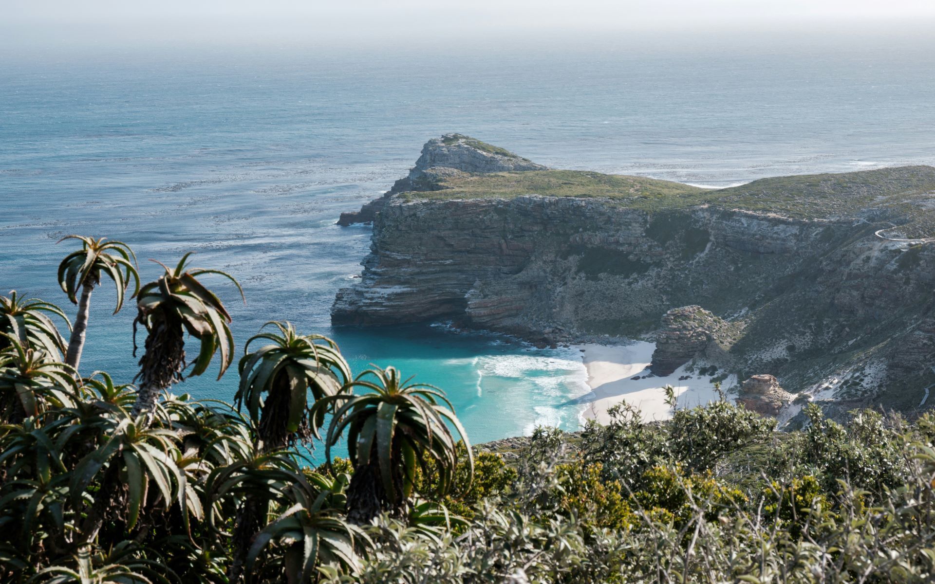 Cape Point coastline with turquoise water and white sand beach, South Africa.