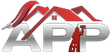 Logo of APP, home painting services. Red roof and paint brush over "APP," painter on ladder, silver letters.