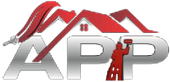 Logo of APP, home painting services. Red roof and paint brush over "APP," painter on ladder, silver letters.