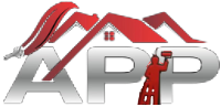 Logo of APP, home painting services. Red roof and paint brush over "APP," painter on ladder, silver letters.
