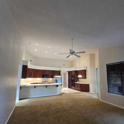 Kitchen and living area. Dark wood cabinets, light countertops, ceiling fan, and carpeted floor.