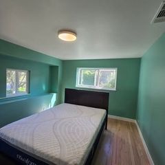 Bedroom with green walls, hardwood floor, and a bed with a white mattress.  A window is on the left side of the wall.