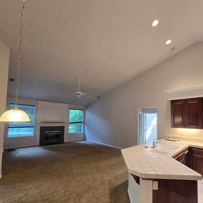Open-concept living space with vaulted ceiling, fireplace, and kitchen area.