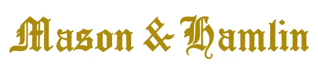 Gold Gothic-style “Mason & Hamlin” logo on a light background