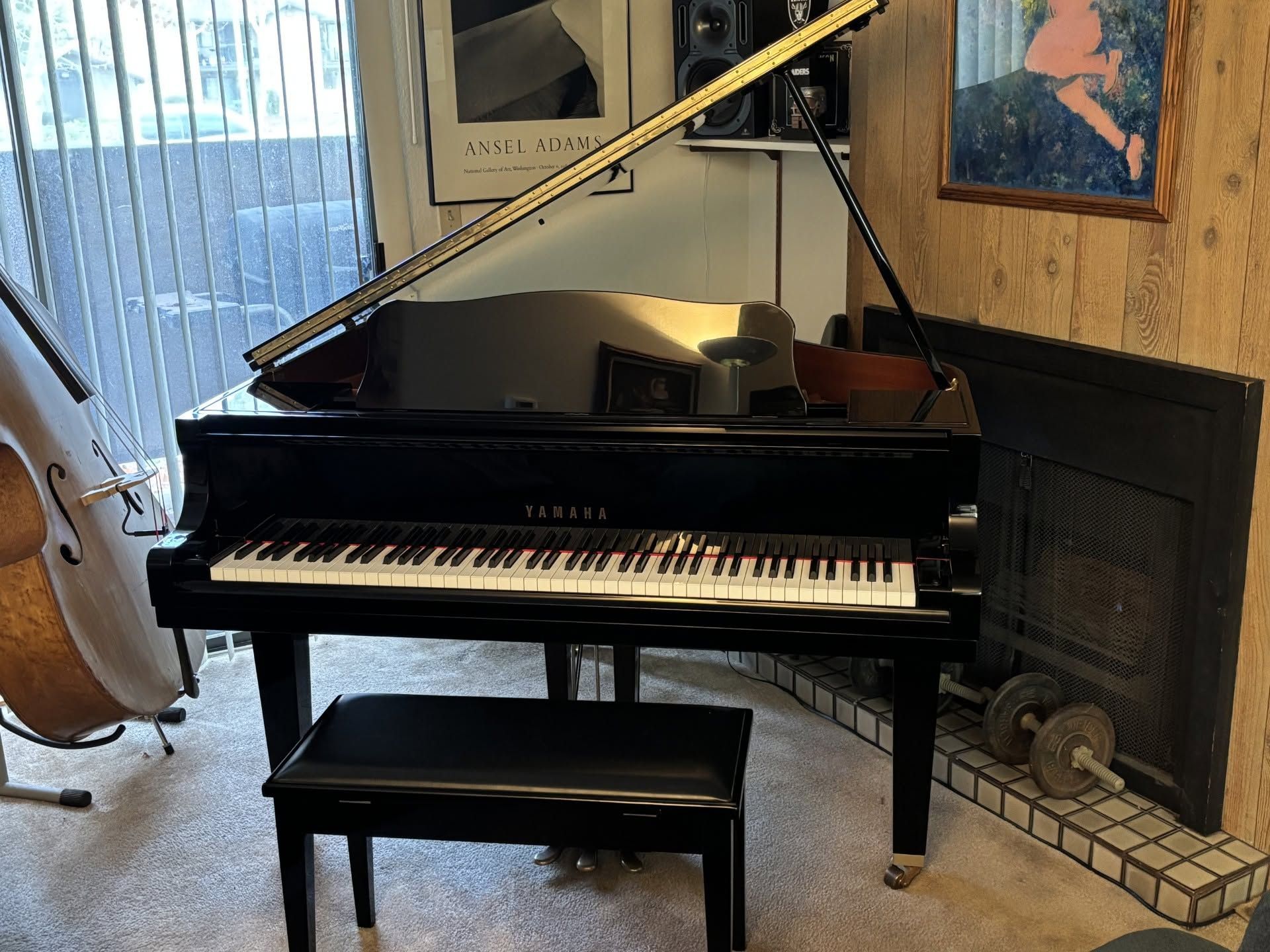 Grand piano in a cozy living room beside a fireplace, with a cello leaning nearby.