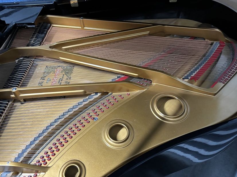 Close-up of a gold-toned metallic device with circular buttons and woven patterned panels.