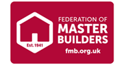 Federation of Master Builders logo in white on a red background with fmb.org.uk