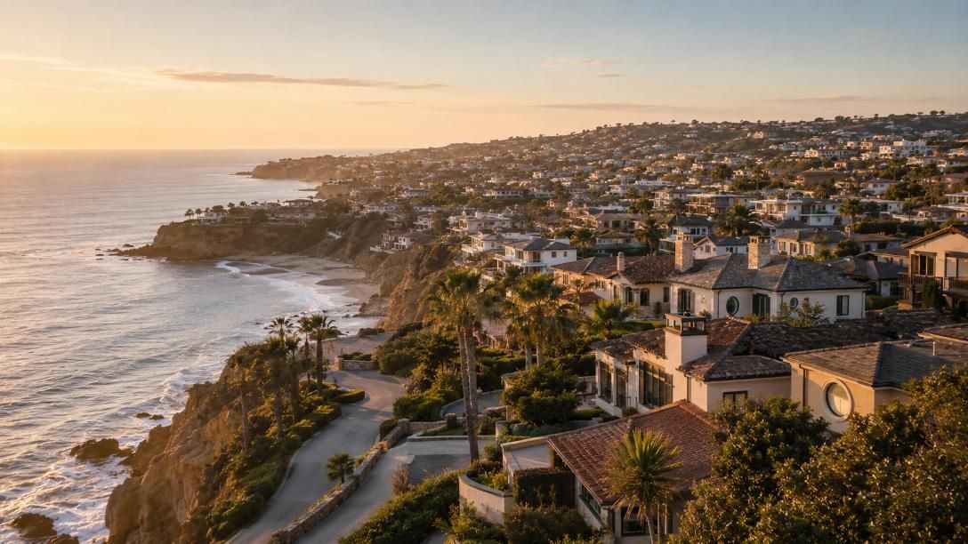 Sunset over a coastal neighborhood with ocean waves, cliffs, and houses along the shoreline