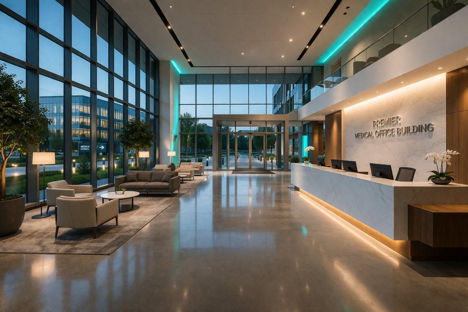 Modern hotel lobby with glass walls, lounge seating, and a long front desk with warm lighting