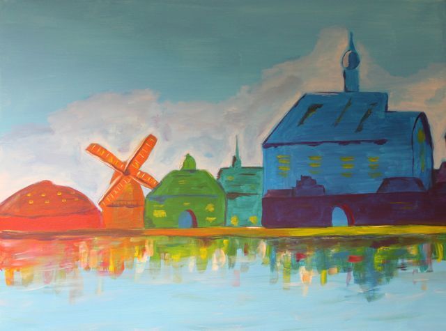 Schilderij van de skyline van Haderwijk geschilderd door een deelnemer bij Studio MiSt