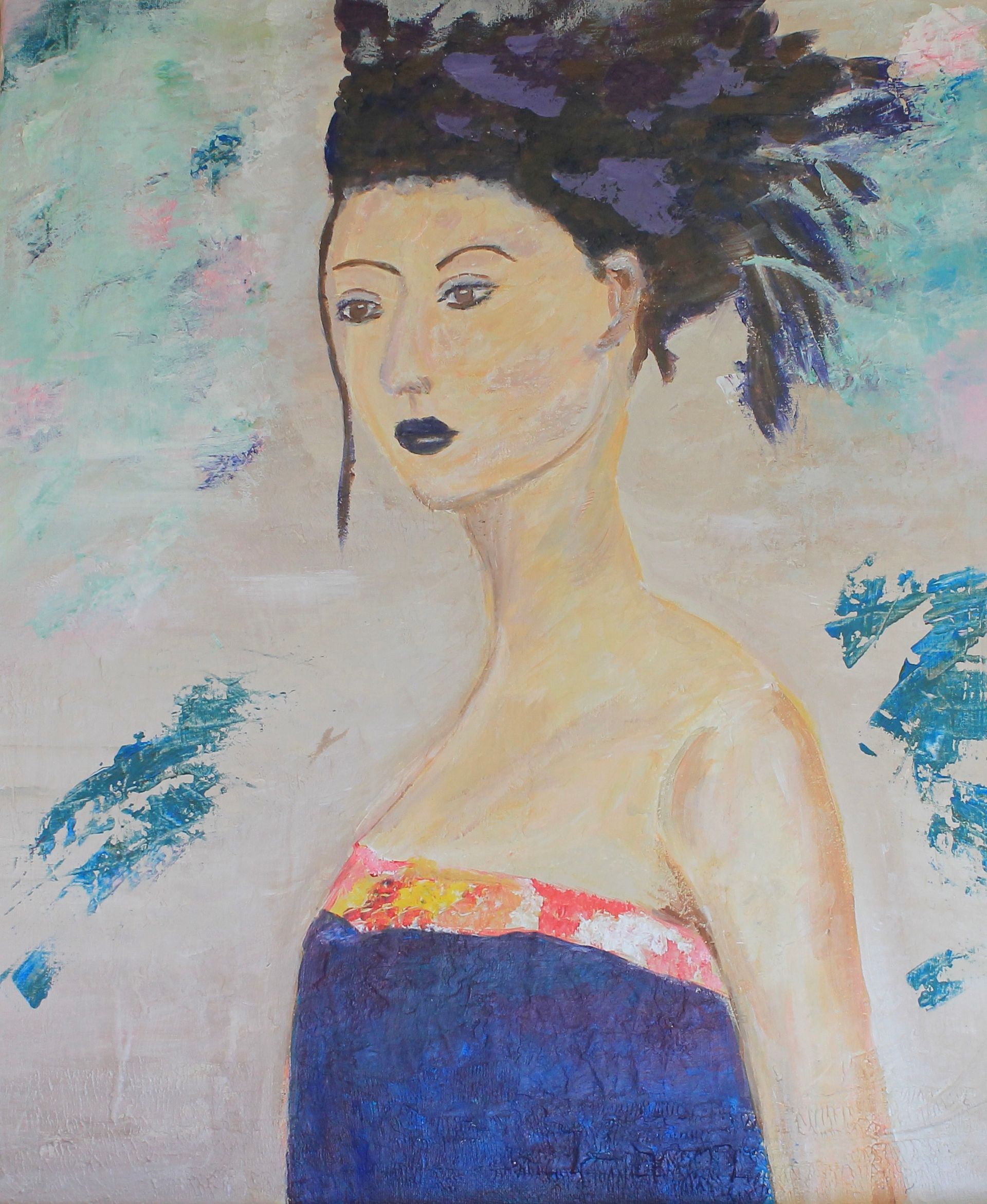Een schilderij van een vrouw met veren in haar haar