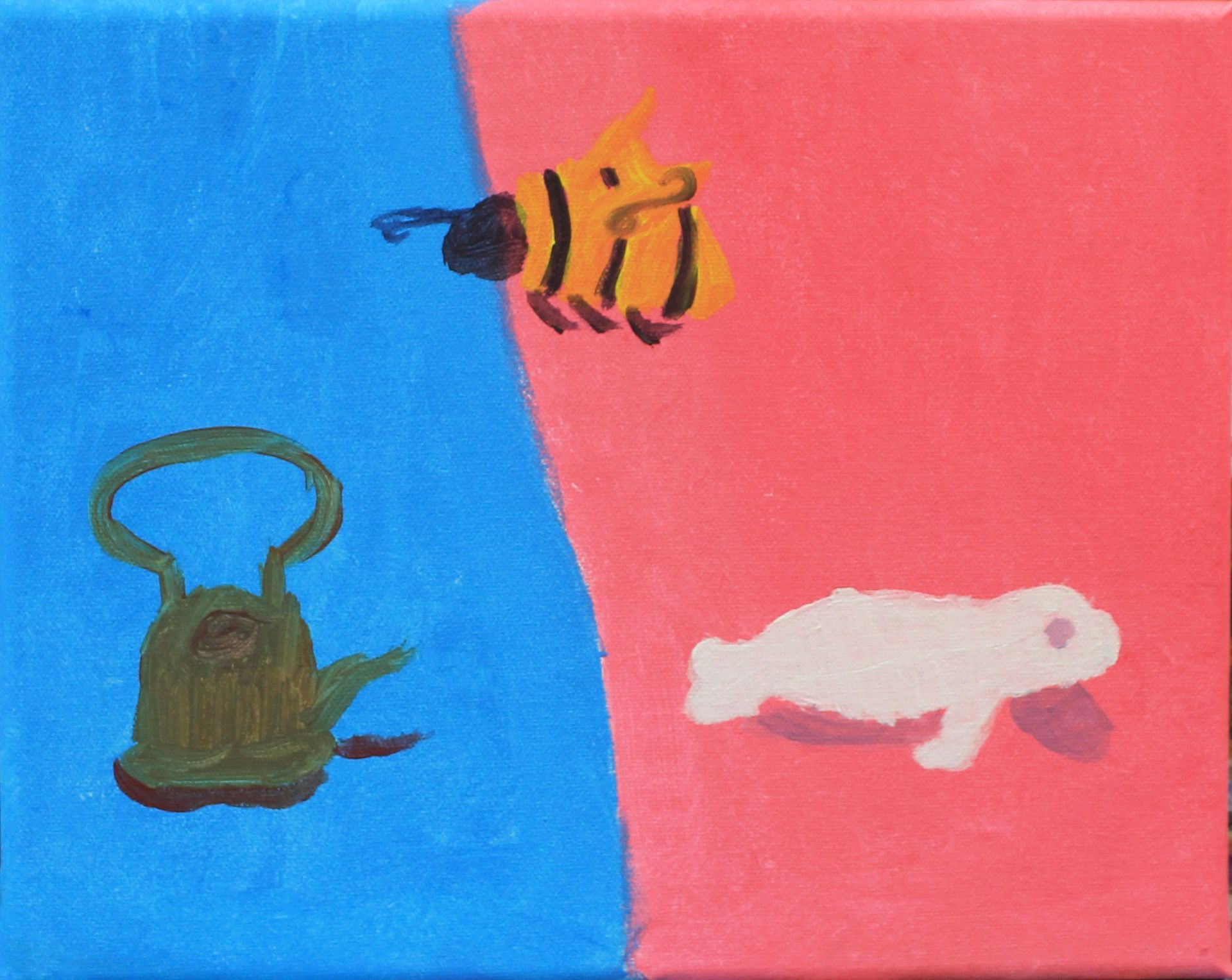 Een schilderij van een kikker, een bij en een konijn op een blauwe en rode achtergrond