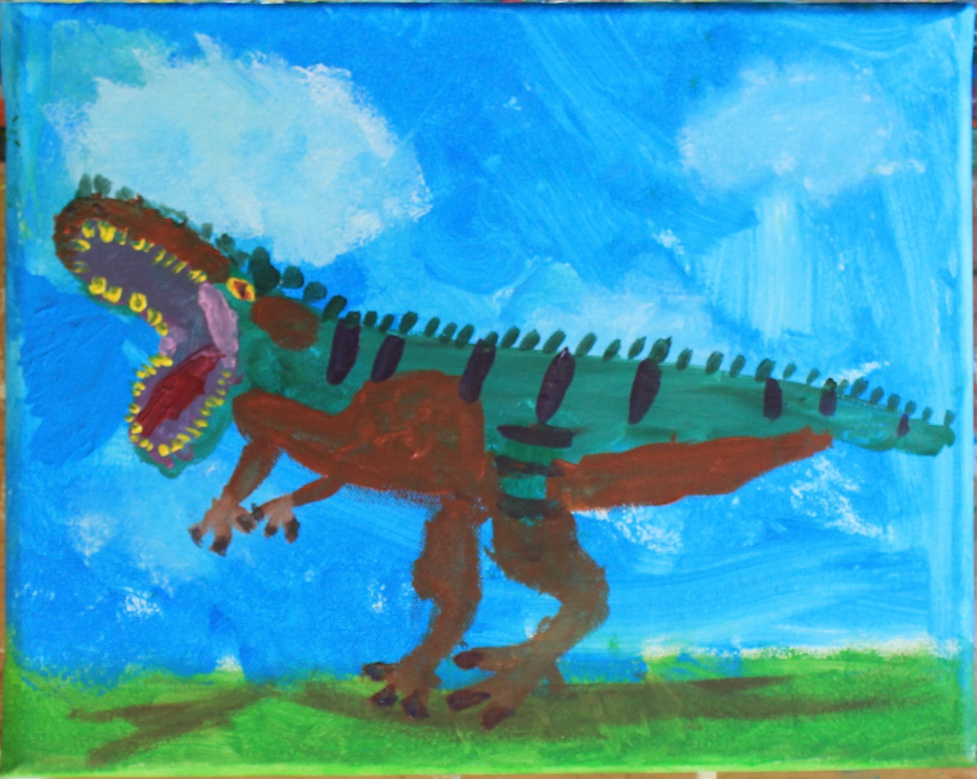Een schilderij van een dinosaurus met zijn bek open