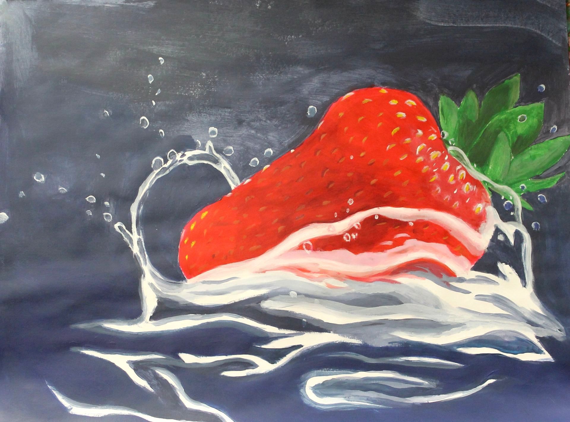 Een schilderij van een aardbei met water eromheen gespetterd