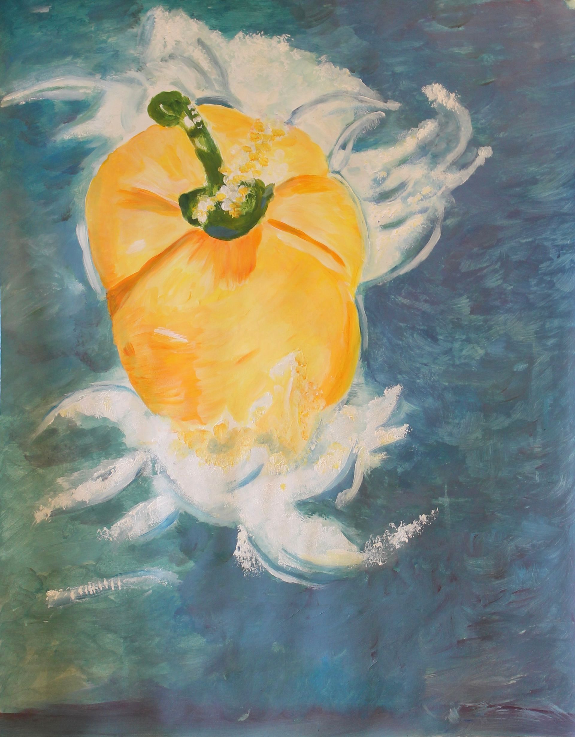 Een schilderij van een gele peper met een groene stengel op een blauwe achtergrond