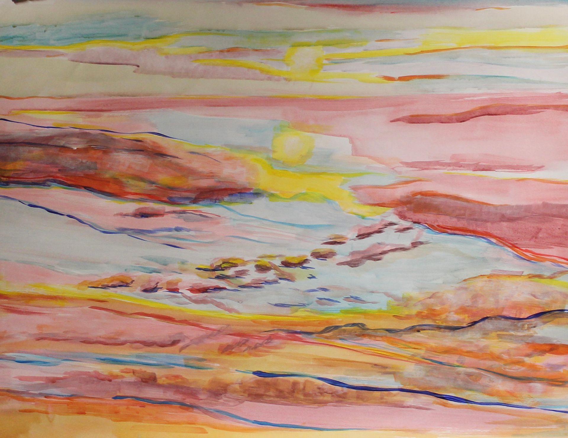 Een aquarel van een landschap met een roze lucht