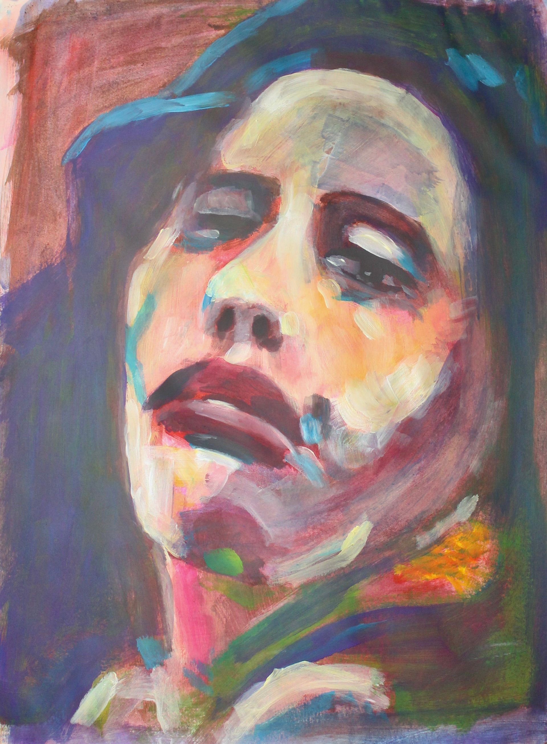 Een schilderij van een vrouw met haar ogen dicht