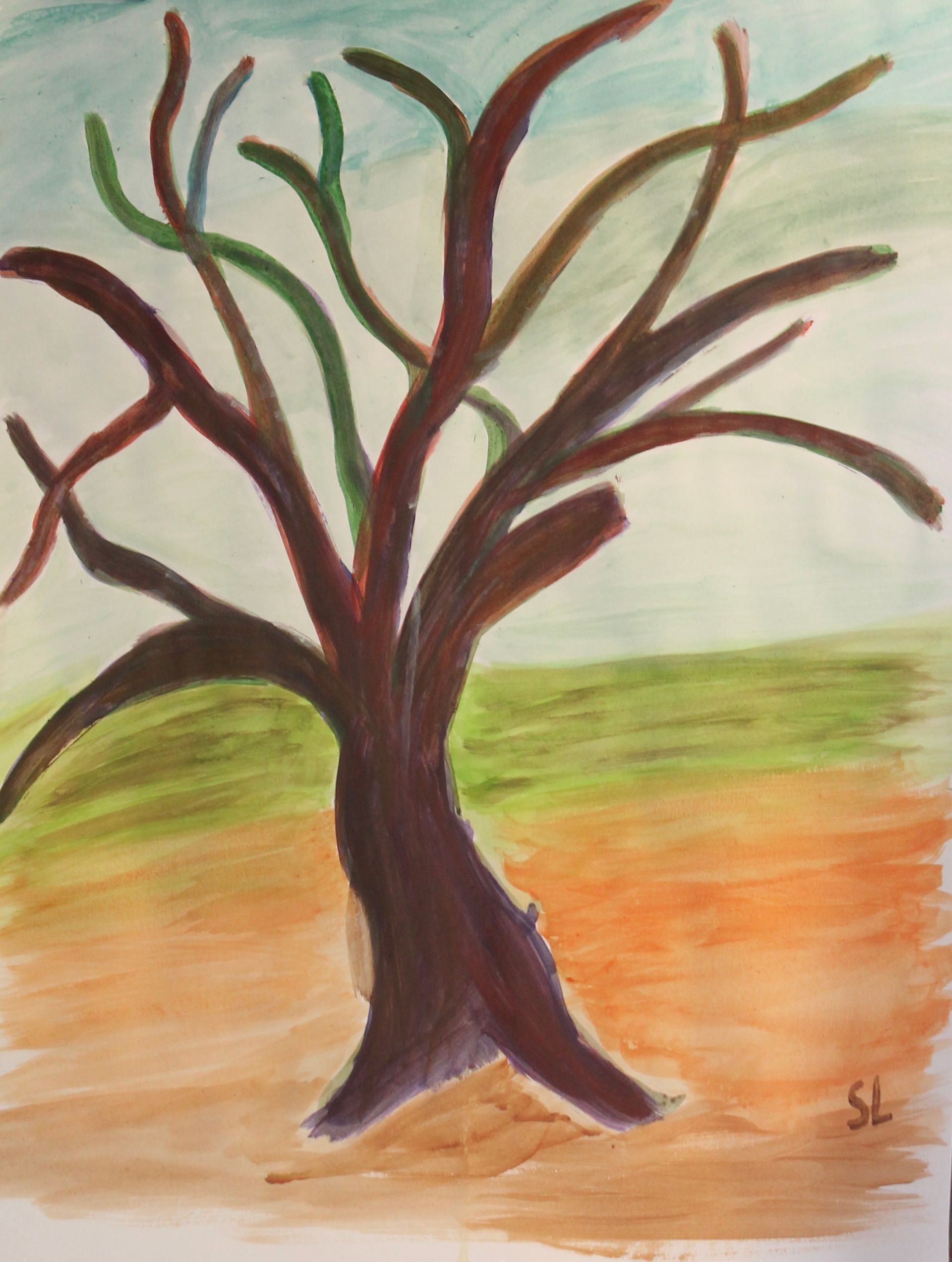 Een schilderij van een boom met acrylverf