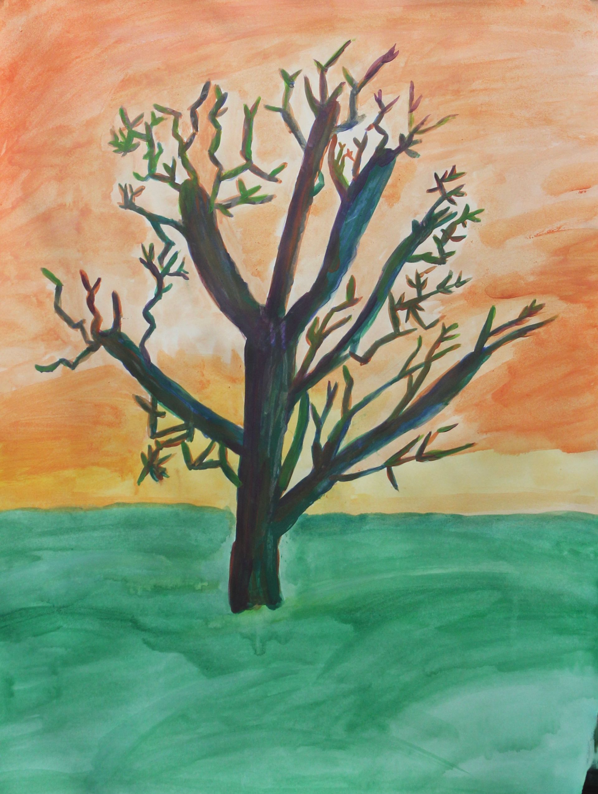 Een schilderij van een boom met een zonsondergang op de achtergrond
