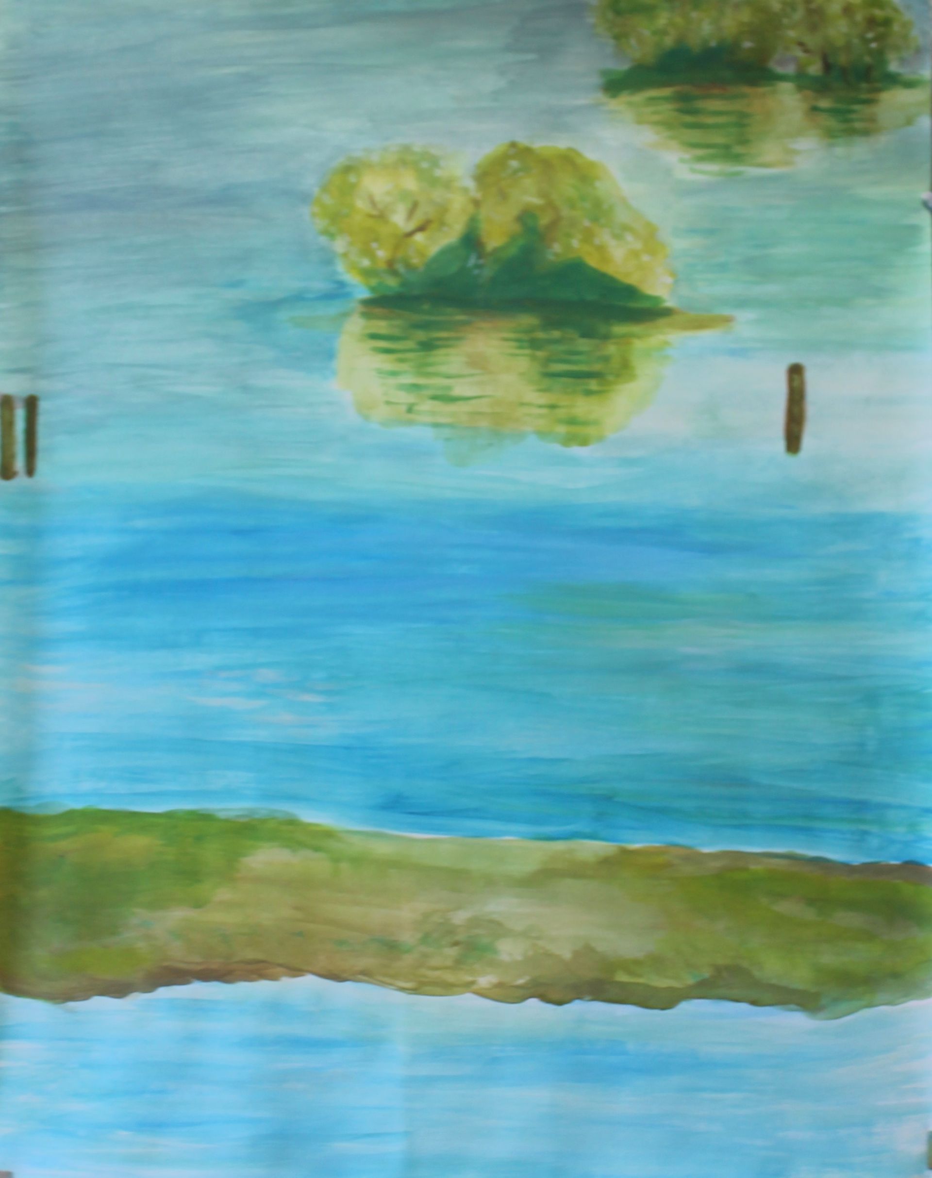 Een schilderij van een meer met een klein eiland in het midden