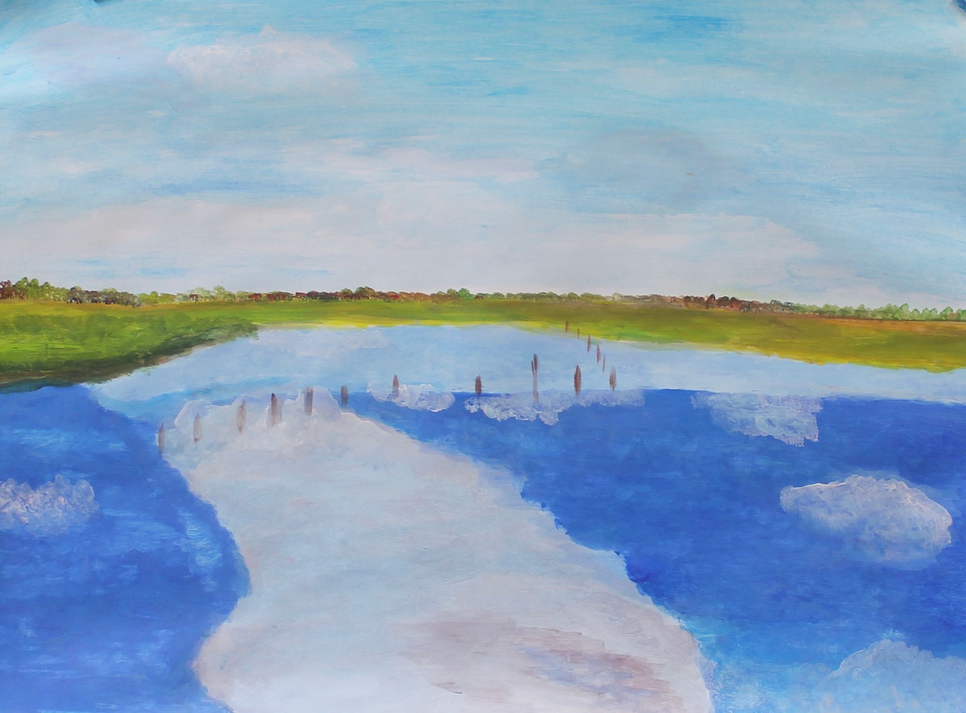 Een schilderij van een rivier met land in de verte