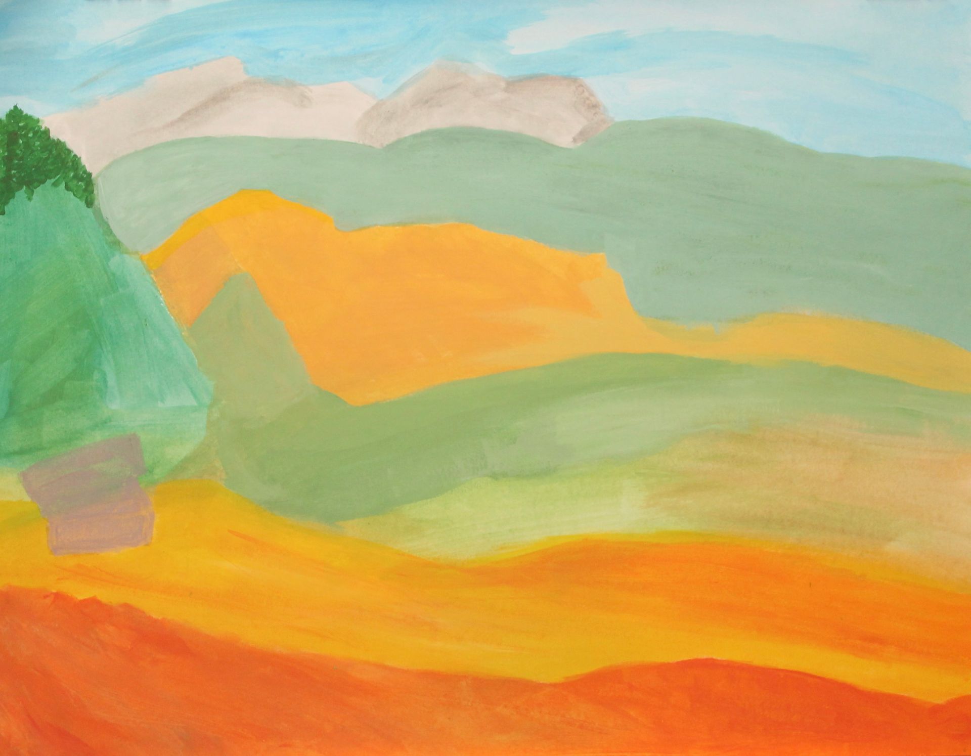 Een schilderij van een landschap met bergen op de achtergrond