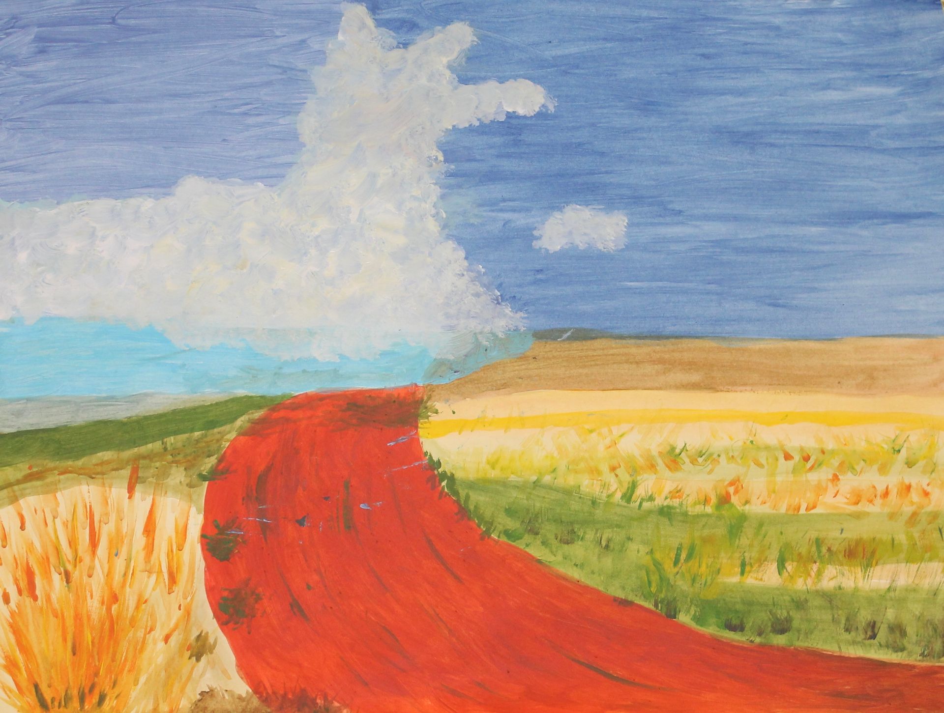 Een schilderij van een rode weg die door een veld gaat