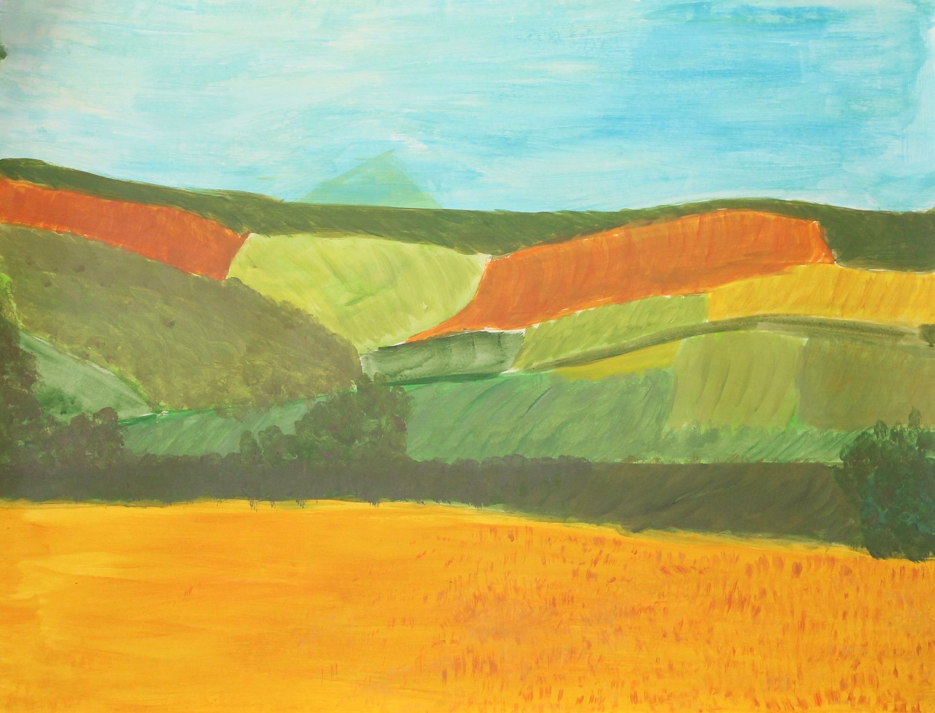 Een schilderij van een veld met heuvels op de achtergrond