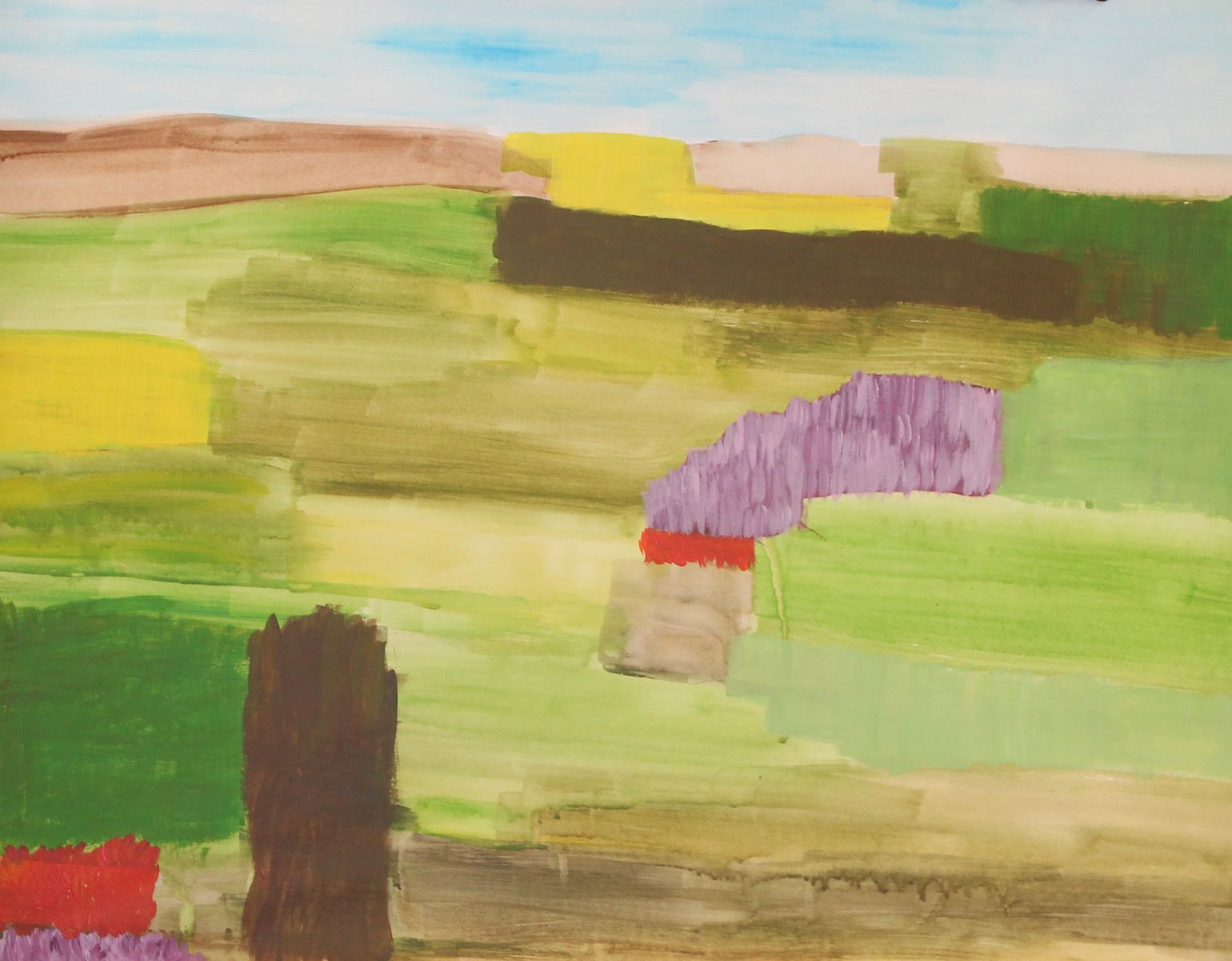 Een schilderij van een veld met bomen en een paars object in het midden