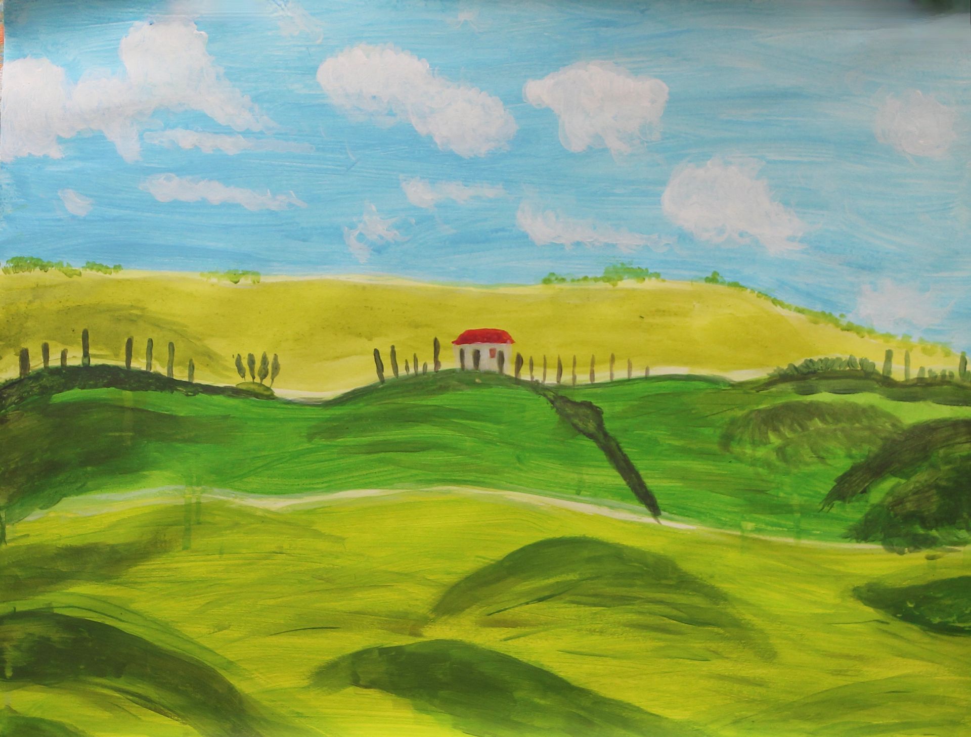 Een schilderij van een huis op de top van een heuvel