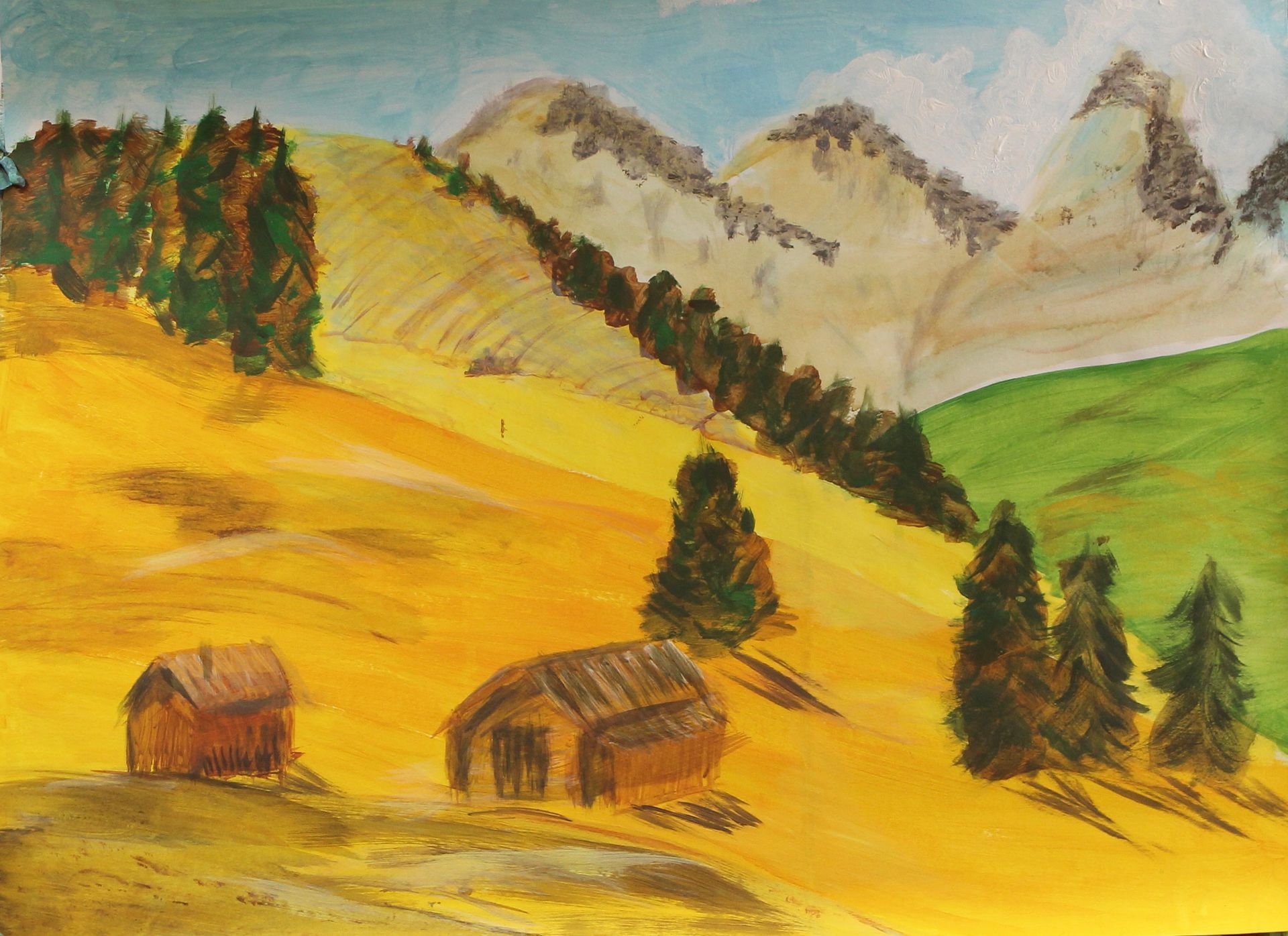Een schilderij van een landschap met een berg op de achtergrond
