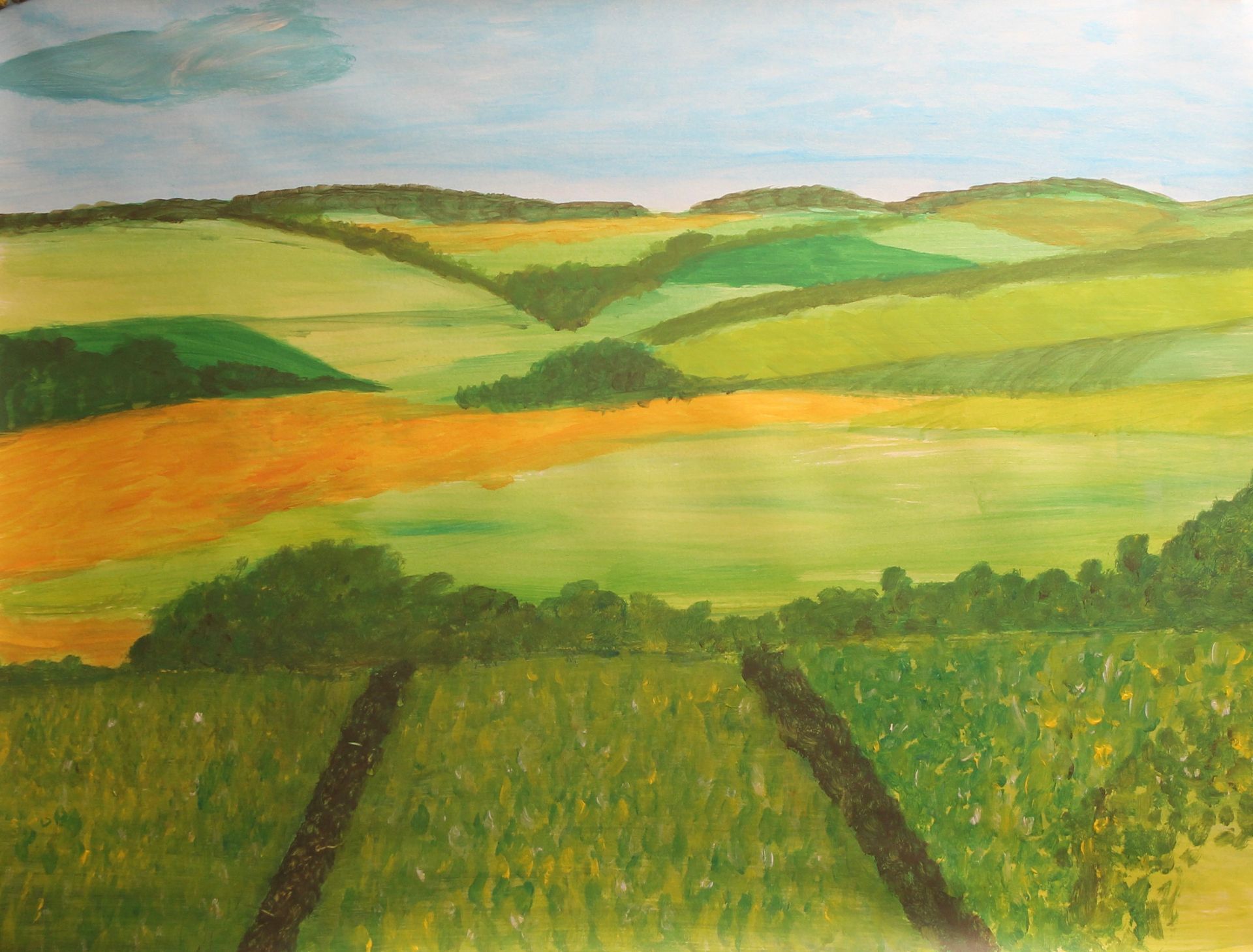 Een schilderij van een veld met een hek op de voorgrond